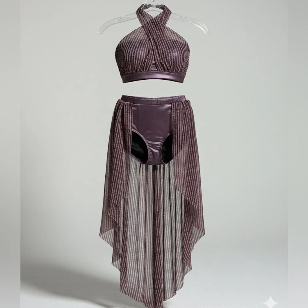 Double Platinum purple shimmer Halter Crop Top and Skirt Kids Dance Costume‎ AXS